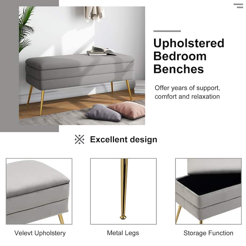 Modern Velvet Storage Ottoman Bench with Metal Legs