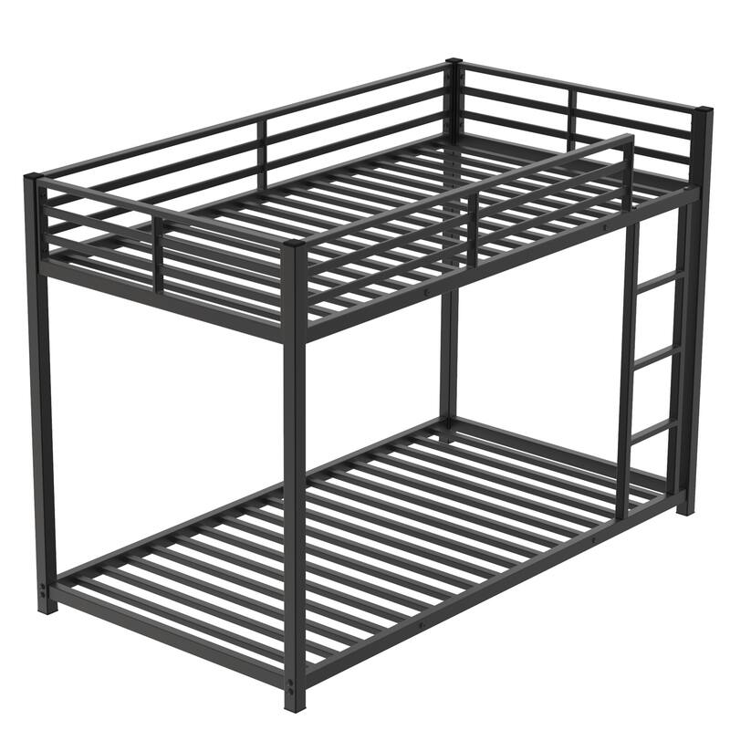Twin Over Twin Metal Bunk Bed, Low Bunk Bed with Ladder, Black, Sturdy Steel Construction, Safe Design, Easy Assembly