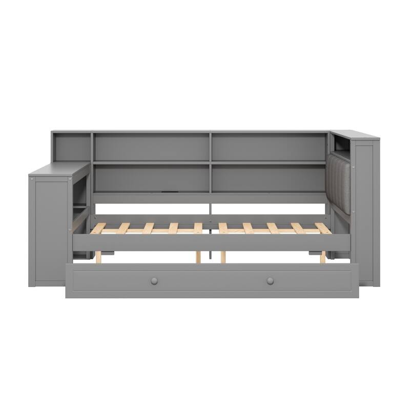 Roomfitters Twin/Full Platform Bed with Trundle, LED Headboard, Charging Station and Storage