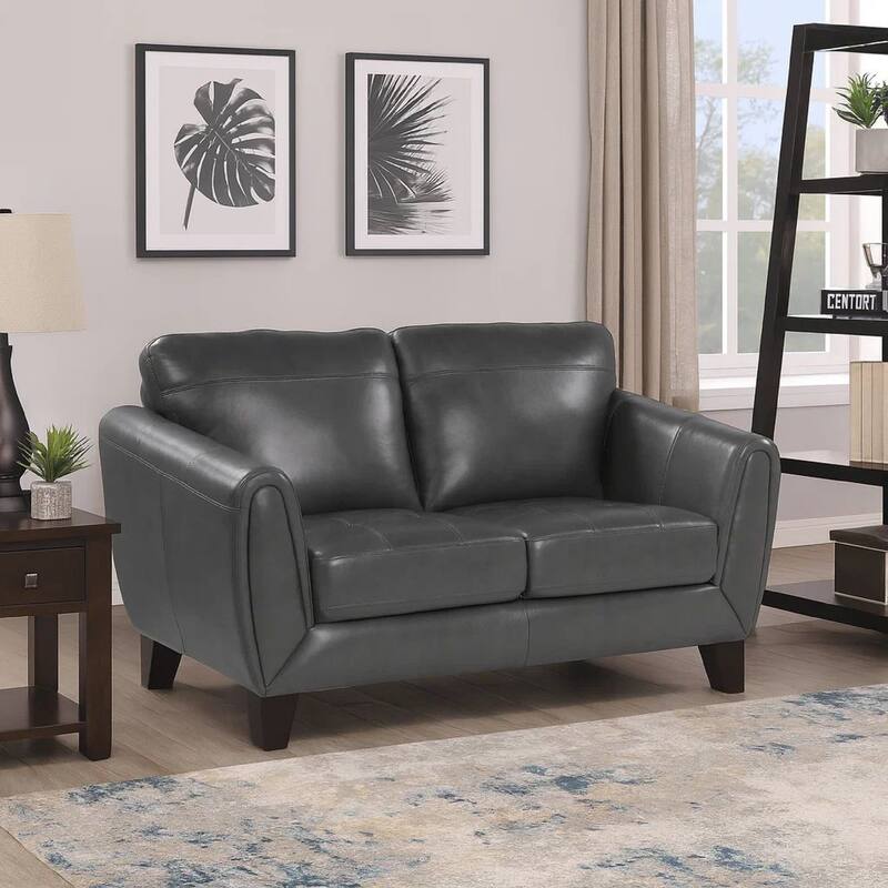 Sofy 61 Inch Loveseat, Dark Gray Top Grain and Faux Leather, Solid Wood
