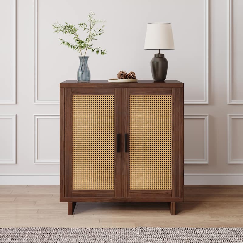 Wood Accent Cabinet Sideboard Buffet with Rattan Doors