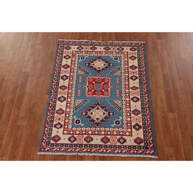 Blue Geometric Kazak Oriental Accent Rug Hand-Knotted Wool Carpet - 3'6"x 4'6"