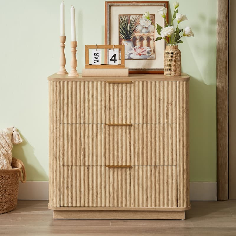 Three-Drawer Dresser With 27.6-Inch Width Featuring Modern Curved Wave Design - Oak