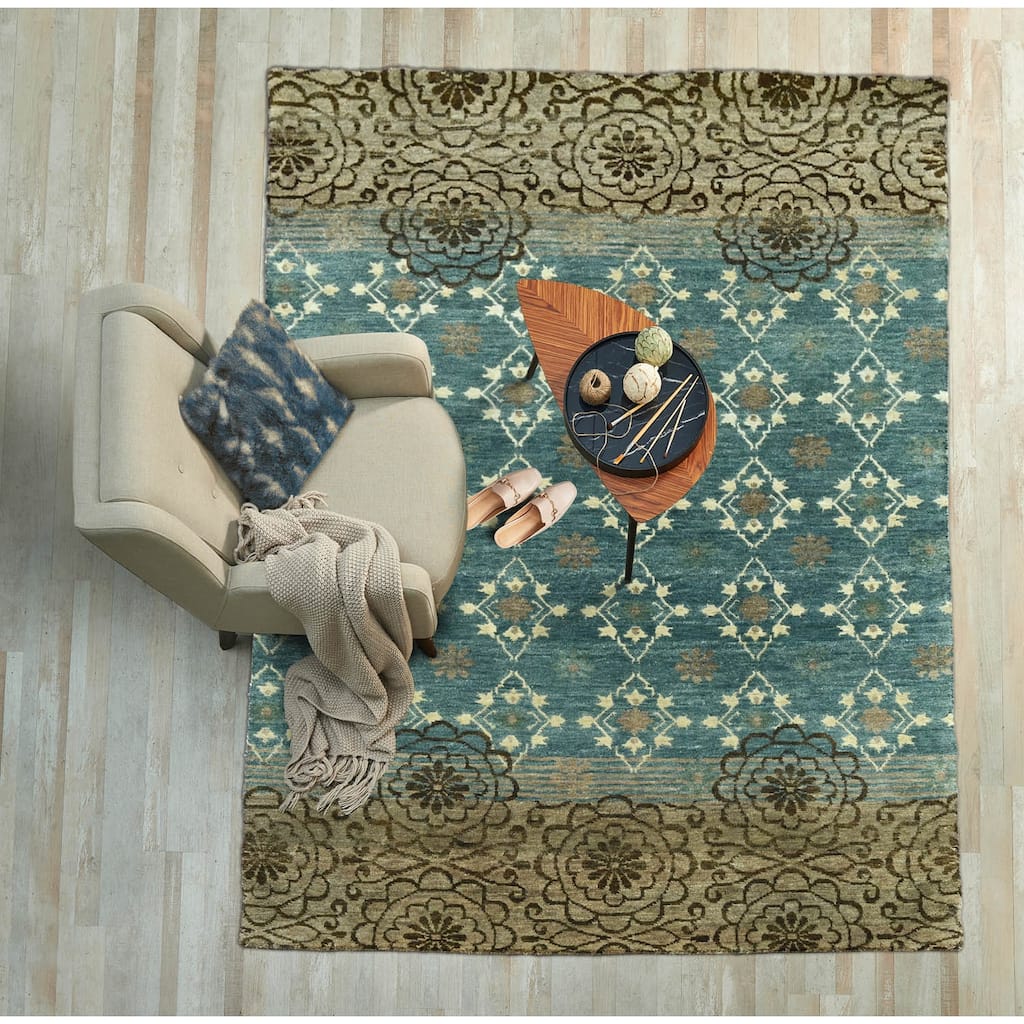 LoomBloom Teal Hand Knotted Transitional Oushak Wool Area Rug - 3' 10'' x 5' 11''