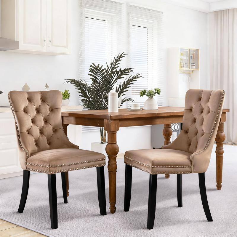 Tufted Naliheads Solid Wood Upholstered Dining Chairs (Set of 2) - Khaki RubberWoodLegs