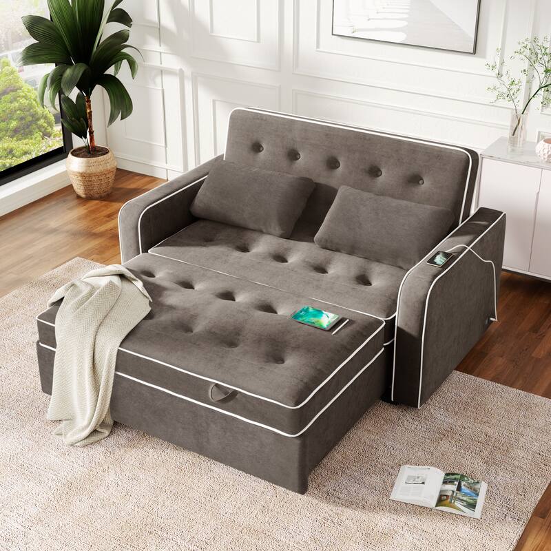Upholstered Loveseat Pull Out Sofa Bed, Lounge Couch w2 Pillows & 2 USB Port, Adjustable Backrest Futon Sofa Tufted Couch - Brown