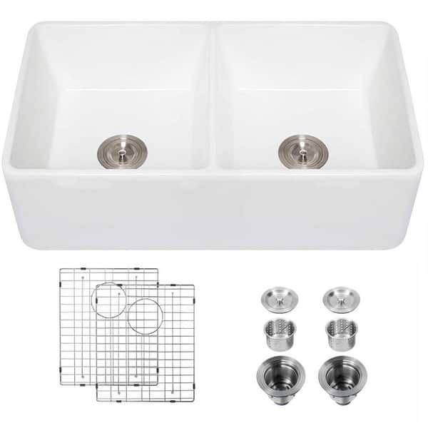 slide 2 of 7, Vanityfair 32" L x 20" W Ceramic Double Basin Farmhouse Kitchen Sink with Accessories - 32" L x 20" W 32" L x 20" W