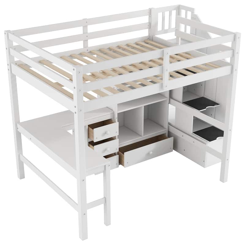 Full Size Wood Loft Bed with L-Shaped Desk and Drawers, Space Saving Design Wood Bed Frame with Cabinet and Storage Staircase
