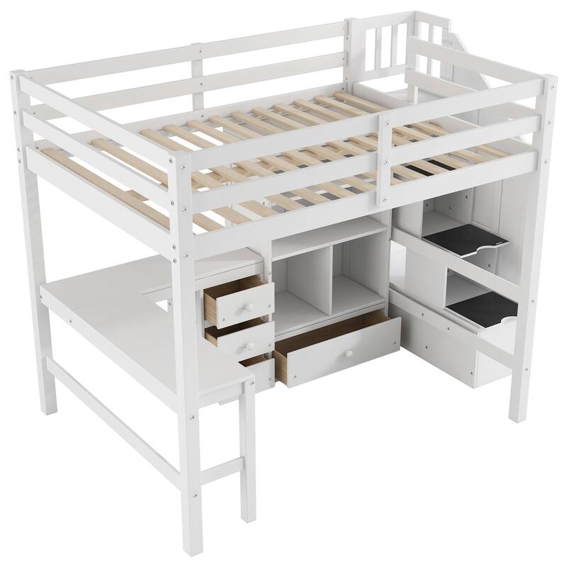 Twin/Full Loft Bed with L-Shaped Desk and Storage Staircase, Multi-Functional Solid Wood Loft Bed Frame with Drawers & Bookcase