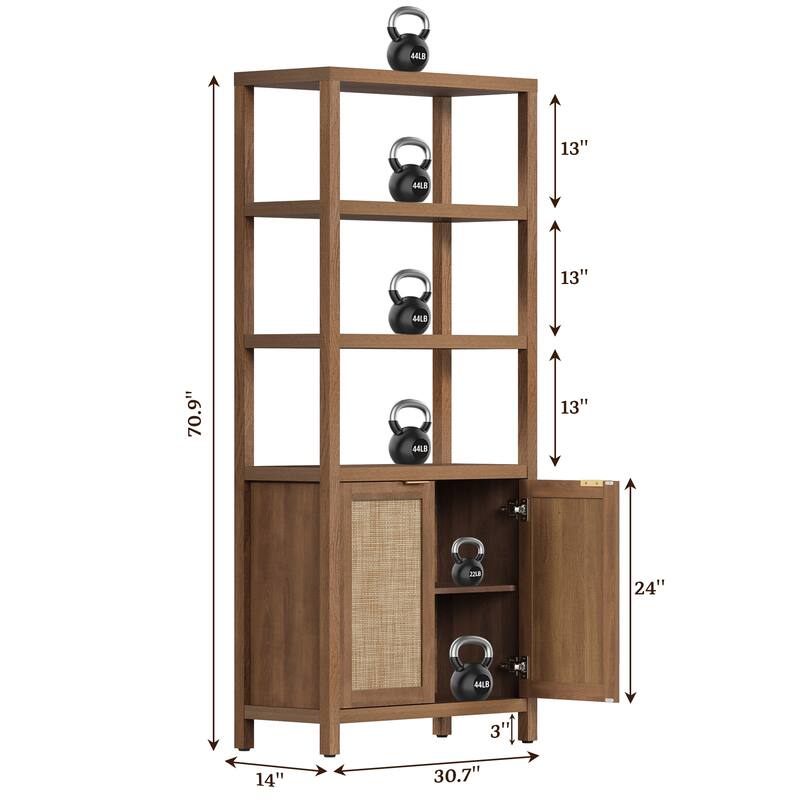 SICOTAS 5 Tier Adjustable Bookshelf with Rattan Storage Cabinet