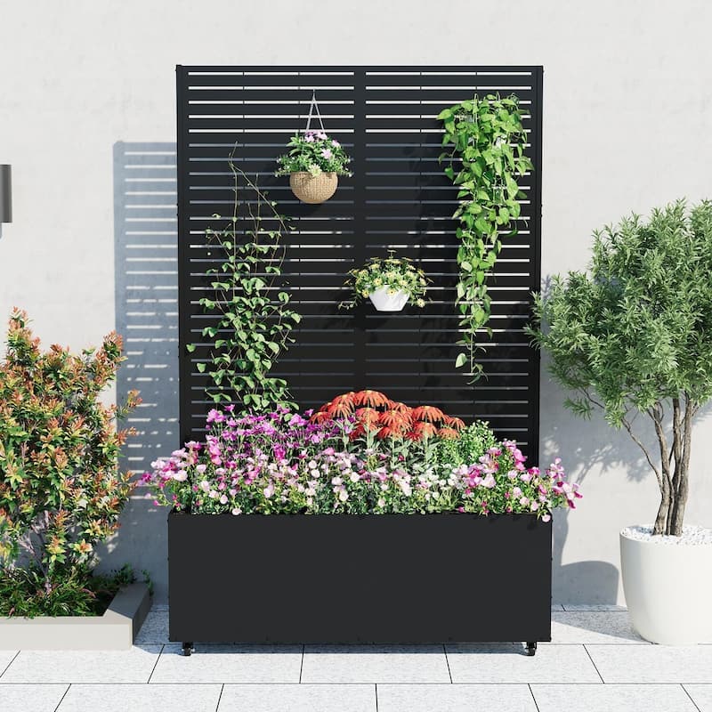 Metal Privacy Screen Planter Box, Raised Garden Bed for Climbing Plants, Veggies, Horizontal Stripes With Wheels - Black