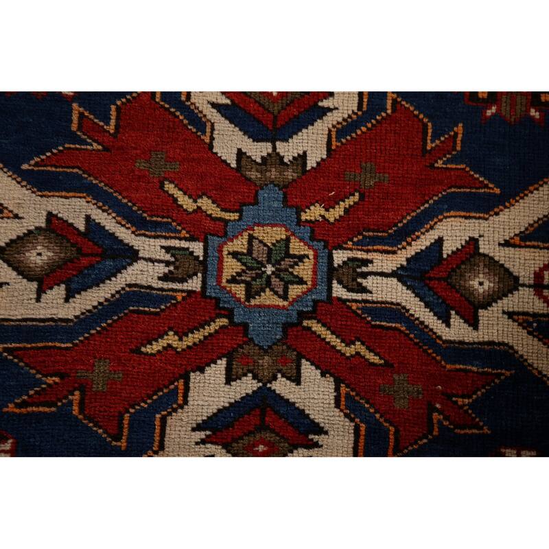 Navy Blue Geometric Kazak Vegetable Dye Wool Carpet - 3'5" x 5'2"