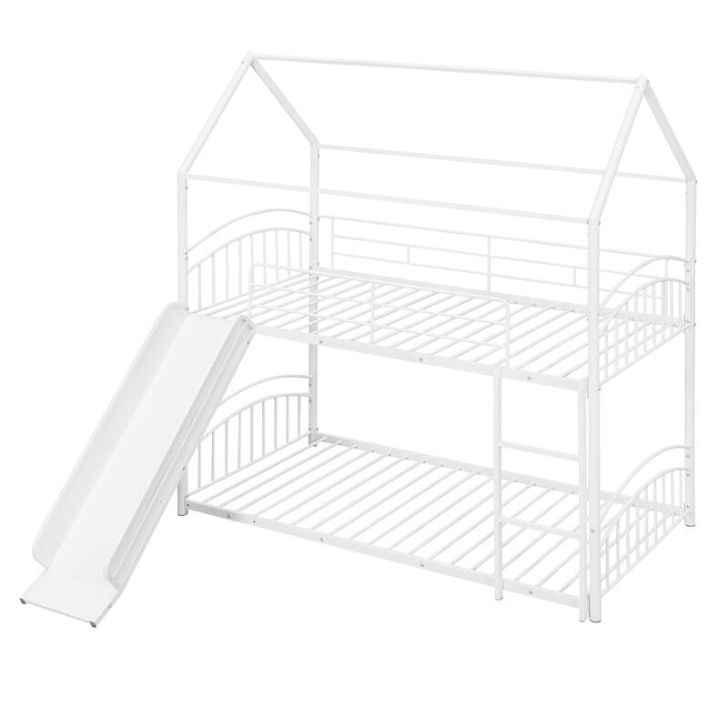 Twin over Twin Size Metal Bunk Bed With Slide, Roof, Fence and Ladder for Bedroom