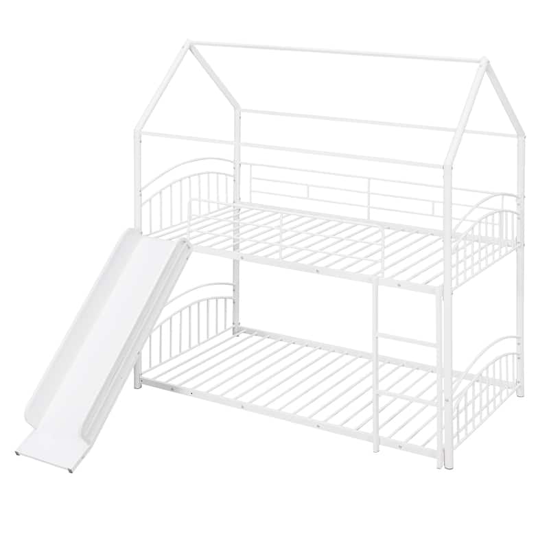 White Twin over Twin Metal Bunk Bed with Slide, Roof, Fence, and Ladder