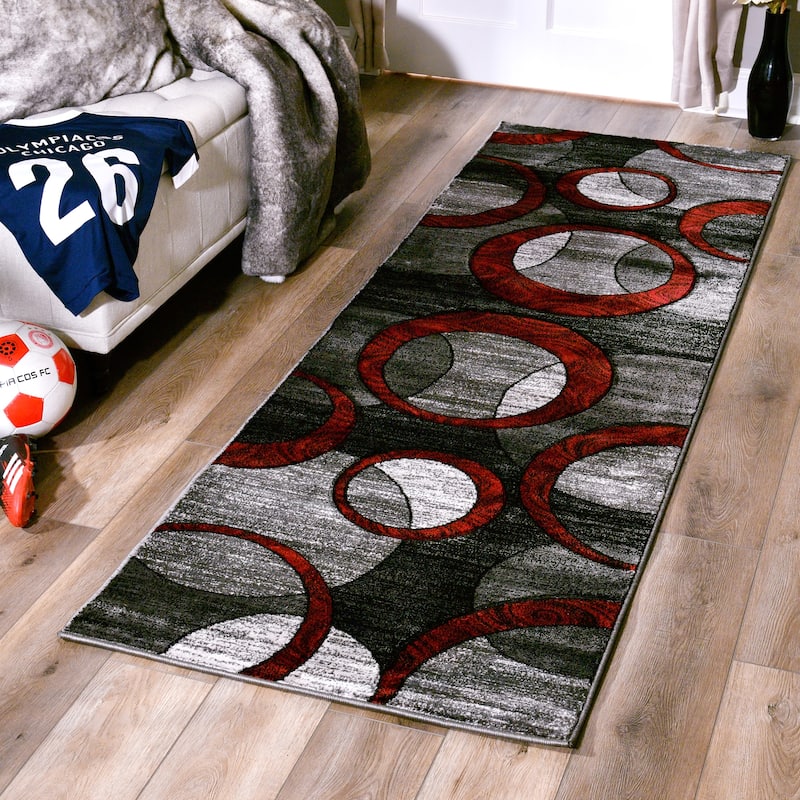 Orelsi Collection Abstract Geometric Circles Area Rug - 2'8" x 8'1" Runner Runner - Black/Red