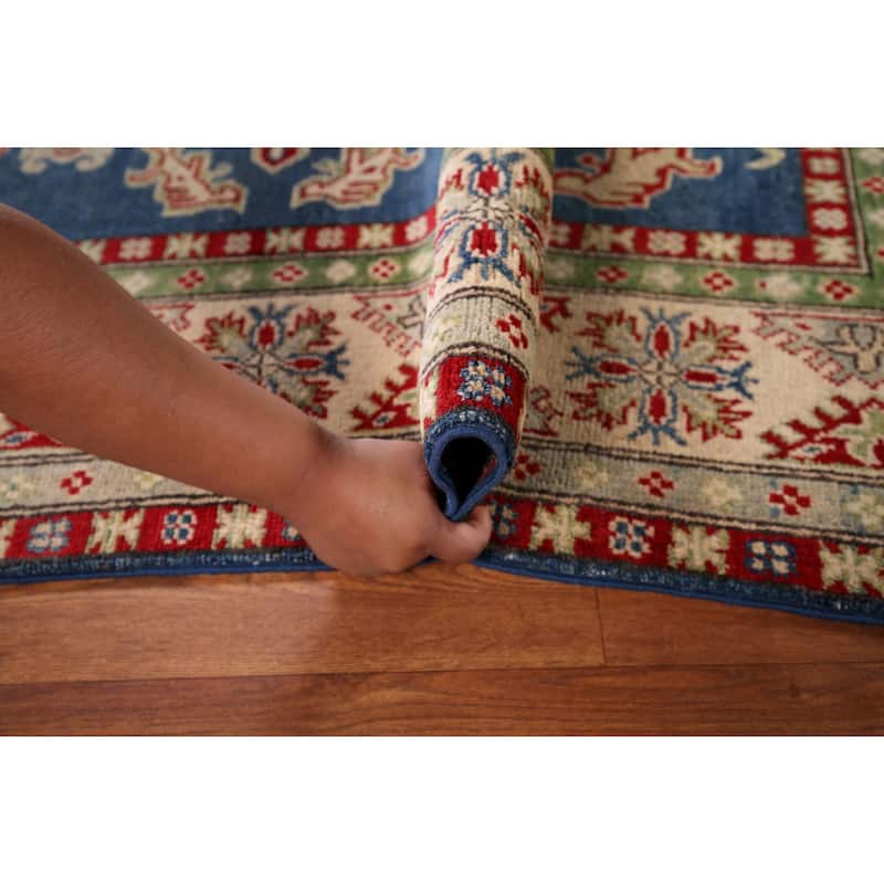 Blue Geometric Kazak Area Rug Hand-Knotted Geometric Wool Carpet - 5'0" x 6'8"