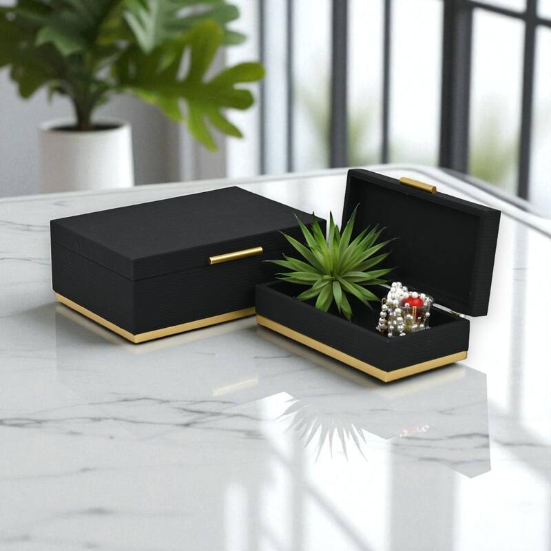 Eira Set of 2 Rectangular Decorative Storage Boxes - Retro Stripe Pattern with Gold Hardware - Black