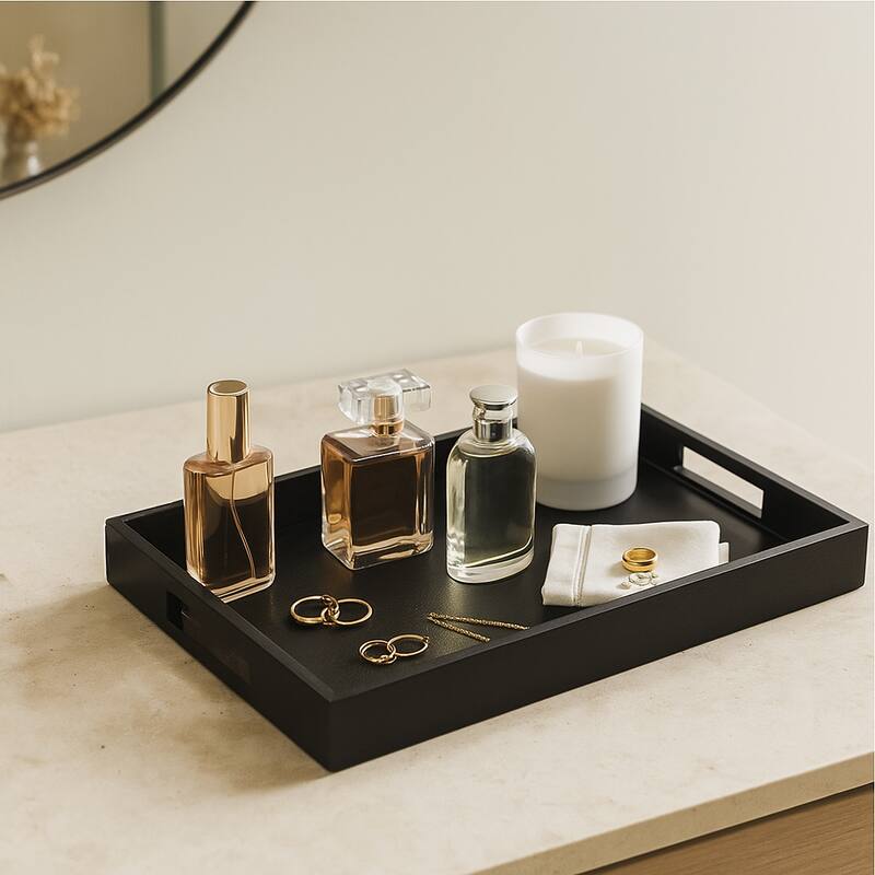 Decorative Wood and Glass Retangle Serving Tray-Home Decor- 18" Black - 17.75" - Black - 17.75"