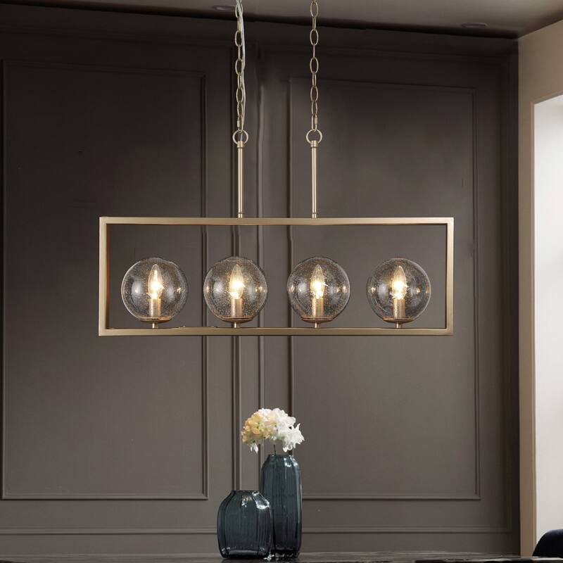 Modern Contemporary 4-Light Rectangle Chandeleir Transitional LED Dimmable Island light with Seeded Glass Globes - Satin rose gold