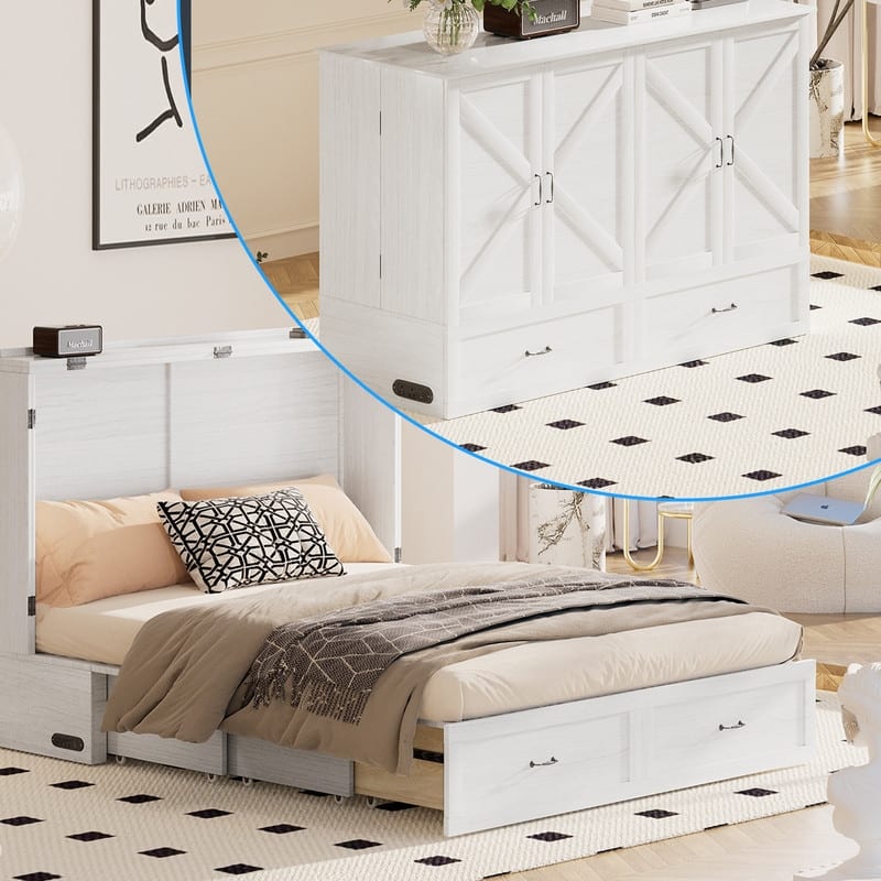 Mixoy Modern Queen Size Murphy Bed Chest with USB ports & Storage Drawers, No Mattress