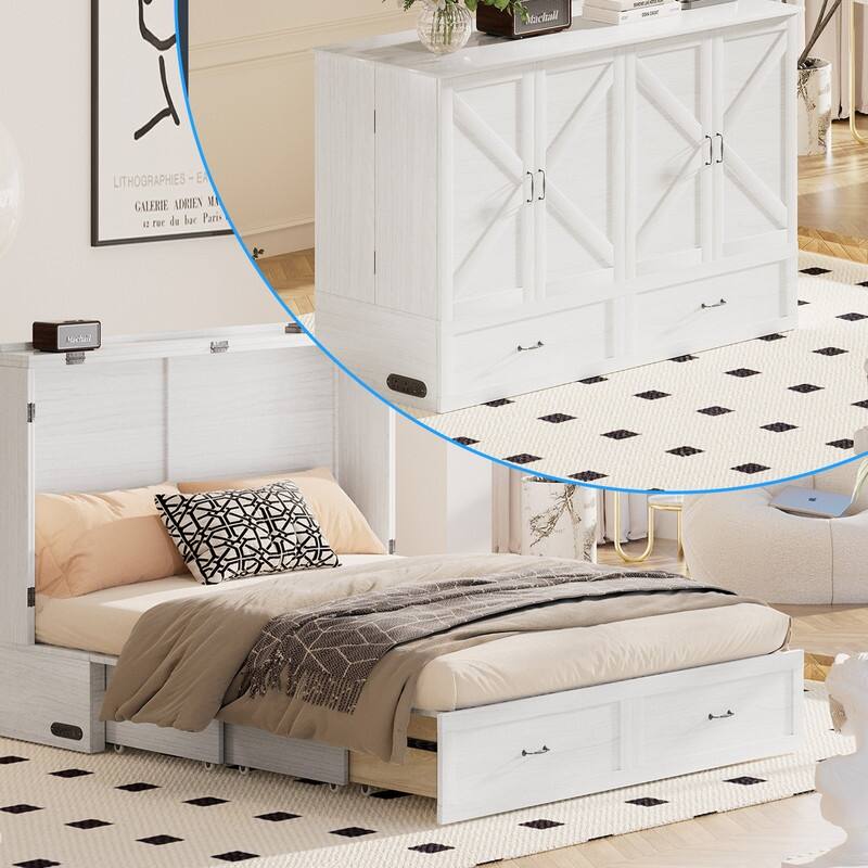 Mixoy Modern Queen Size Murphy Bed with 4.7''Mattress,USB ports,Storage Drawers - White - Queen