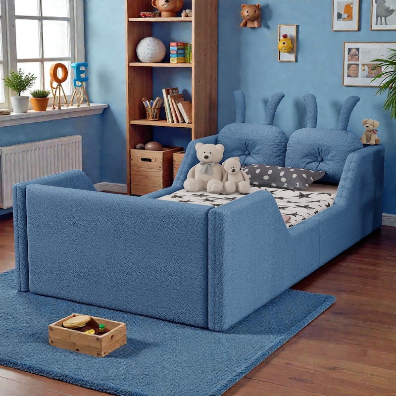Twin Size Upholstered Floor Bed for Kids with Removable Side Rails, Soft Teddy Fabric Platform Bed - Blue - Twin