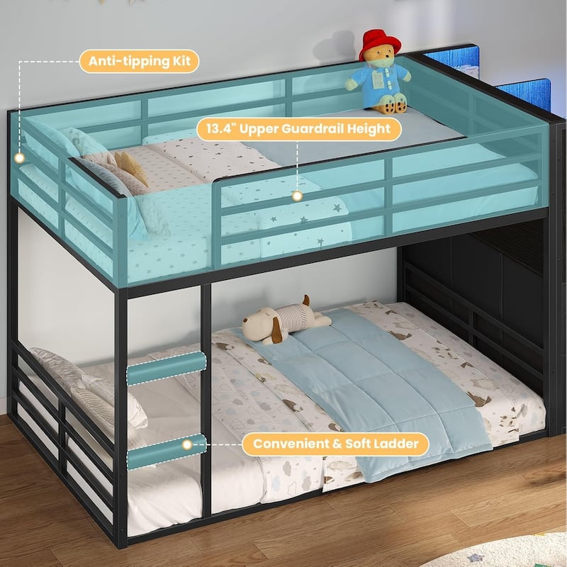 Twin Size Low Loft Bed 6 Fabric Storage Drawers LED Lights Twin Over Twin Bunk Bed