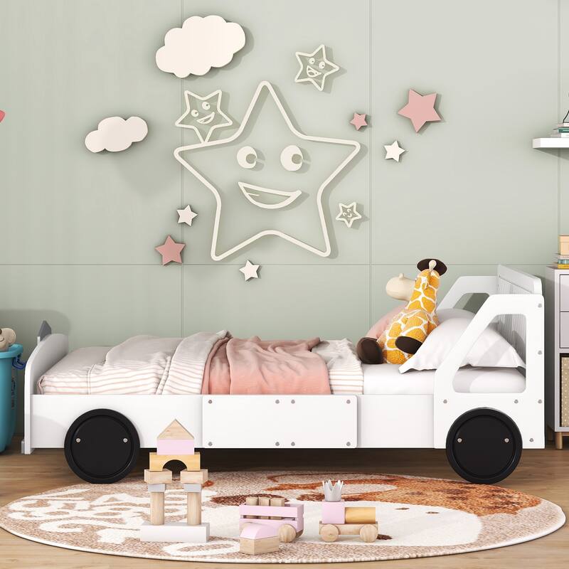 Car-Shaped Platform Bed Wood Low Profile Bed with Slat and Wheels