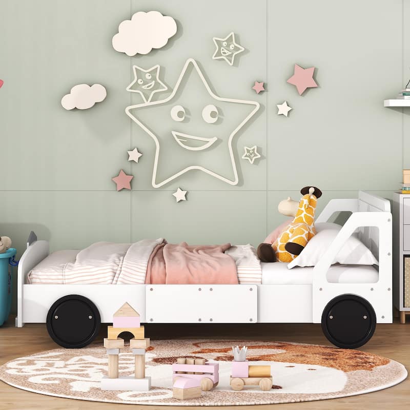 Full Size Car-Shaped Platform Bed with Wheels in White