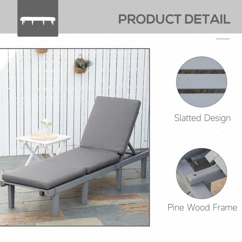 Wood Chaise Lounge, Outdoor Recliner, 4-Pos Adjustable with Cushioned