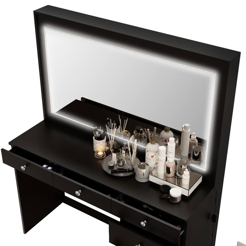 Boahaus Vanity Desk, Crystal Knobs, LED Lights, 7 Drawers