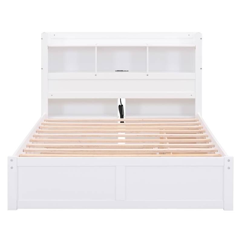 Full Size Storage Platform Bed with Pull Out Shelves, Twin Trundle, and 2 Drawers in White