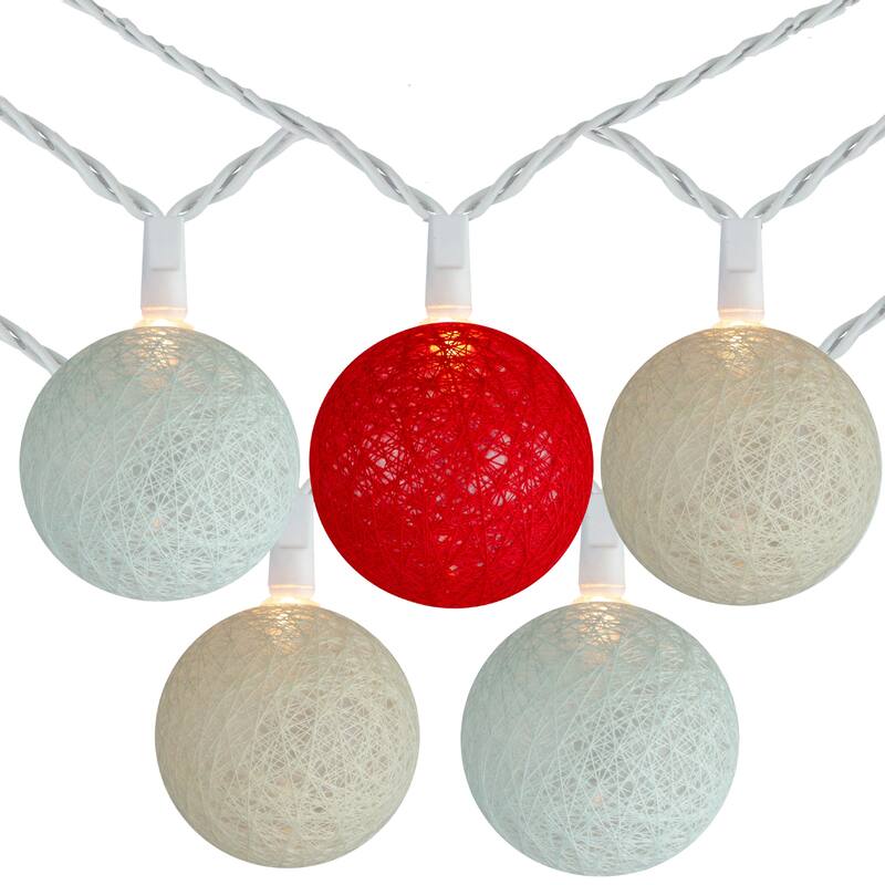 10 Red Green and Cream Yarn Ball Patio Globe Lights - 8.6 ft White Wire - 8.6'