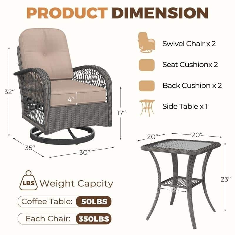 Outdoor Swivel Rocker Bistro Set - 3 Piece Wicker Patio Set with Swivel Rocking Chairs, Cushions, and Tempered Glass Side Table