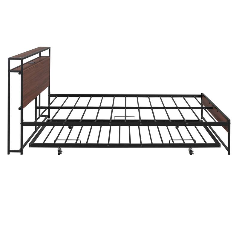 Full/Queen Platform Bed Frame with Trundle, USB Ports and Steel Slat Support, Metal and Wooden Bed Frame with Storage Headboard