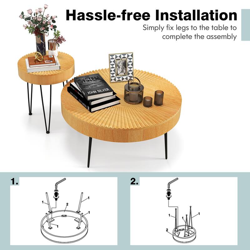 Costway Farmhouse Round Coffee Table Set of 2 End Table Natural Finish - See Details