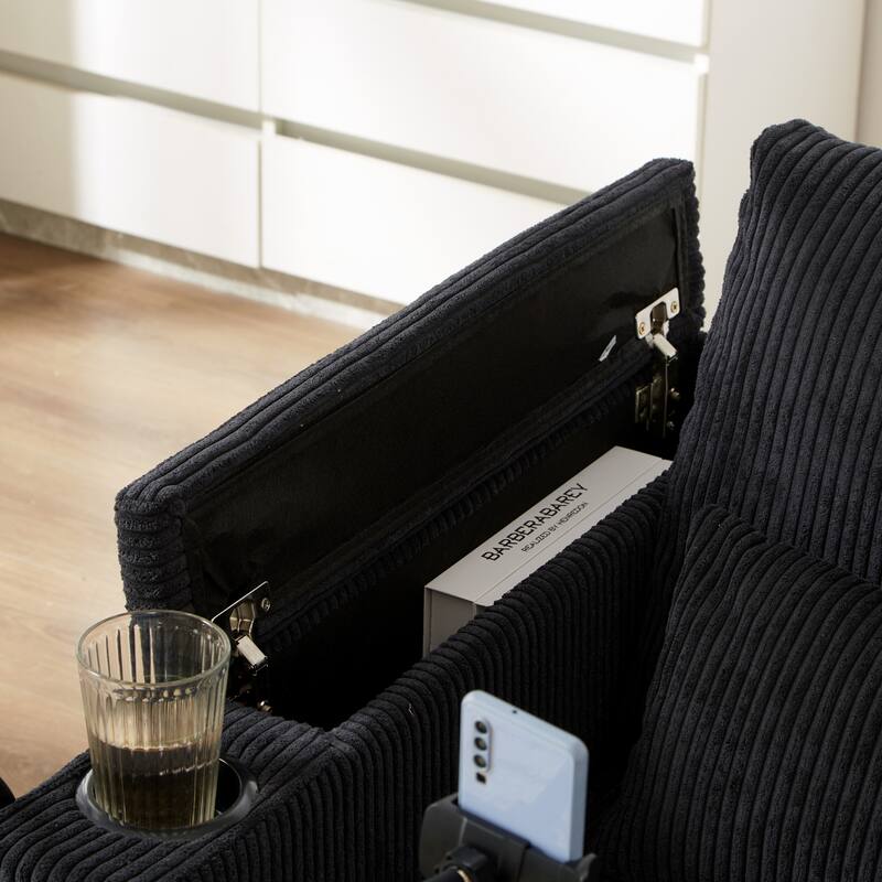 Corduroy Convertible Lounge Chaise with USB Ports, Cup Holders and Storage