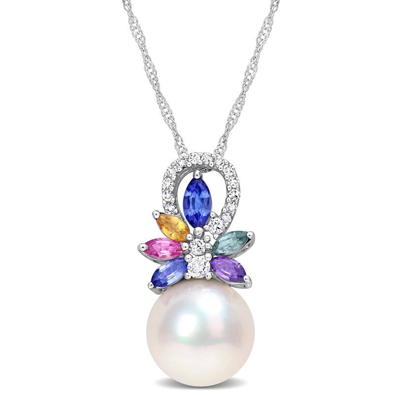 Miadora Diamond Accent and 4/5 CT TGW Multi Color Sapphire and Freshwater Cultured Pearl Pendant with Chain 14k White Gold