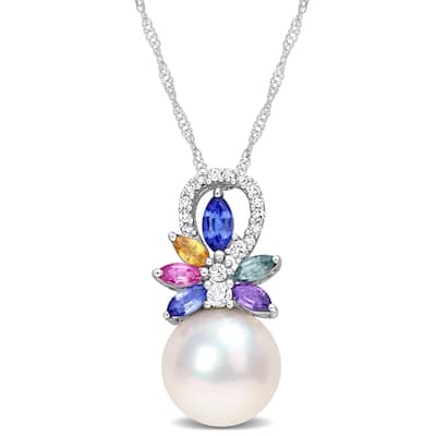 Miadora Diamond Accent and 4/5 CT TGW Multi Color Sapphire and Freshwater Cultured Pearl Pendant with Chain 14k White Gold