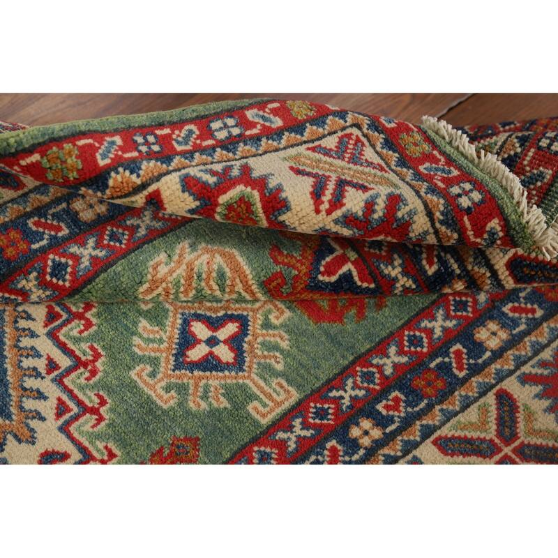 Green Geometric Kazak Foyer Rug Handmade Wool Carpet - 3'1" x 4'11"