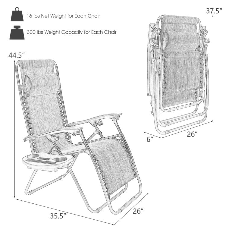 2 Pieces Folding Lounge Chair with Zero Gravity - 40"-57" x 25" x 34"-42.5"(L x W x H)