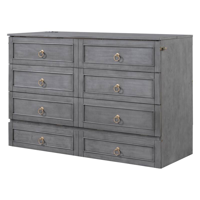 Queen Wall Bed with Built-In Storage Drawers and Rattan Panel Detail, Foldable Cabinet Style Platform Frame for Space Saving
