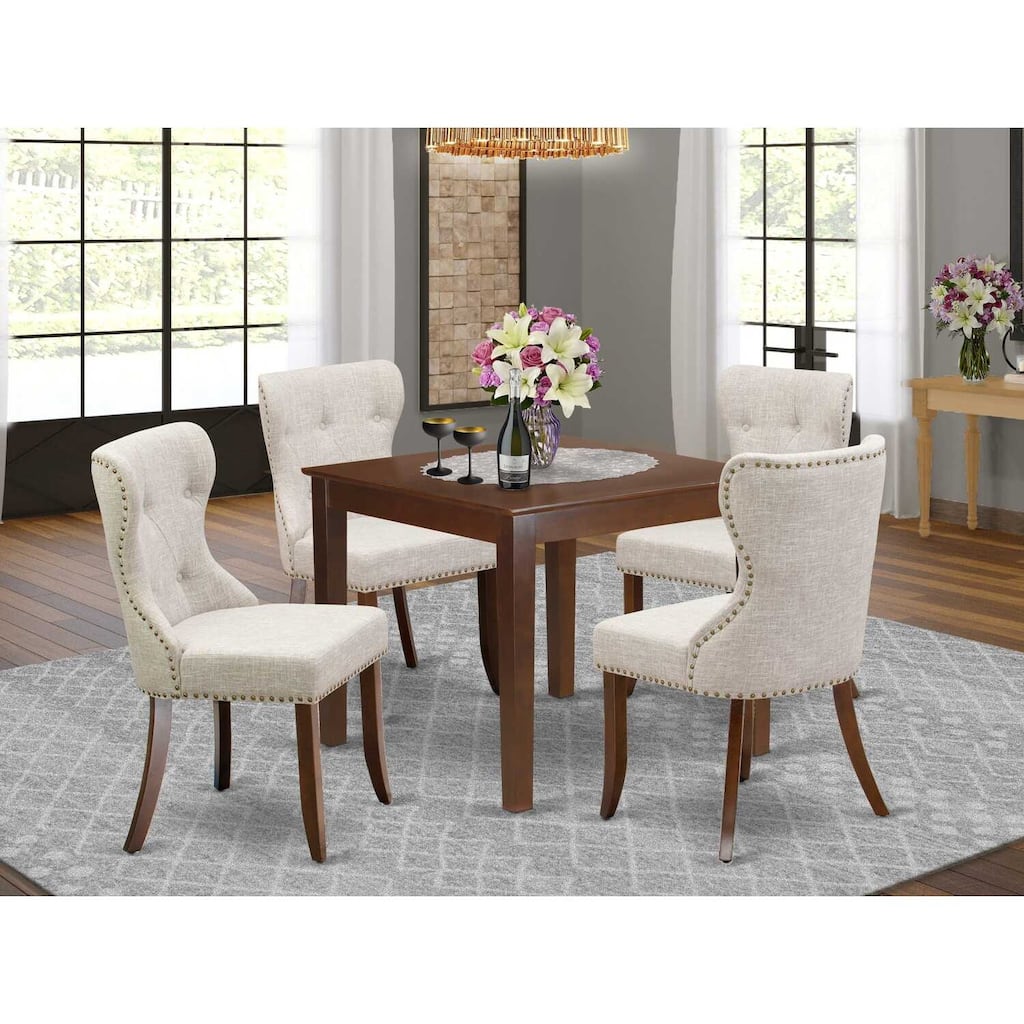Kitchen Dining Set 4 Chairs & Square Table - Linen Fabric, Mahogany Finish - Modern Dining Room Furniture