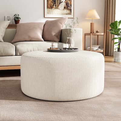 Roomfitters Upholstered Round Ottoman with Corduroy Fabric, Modern Coffee Table Footrest for Living Room