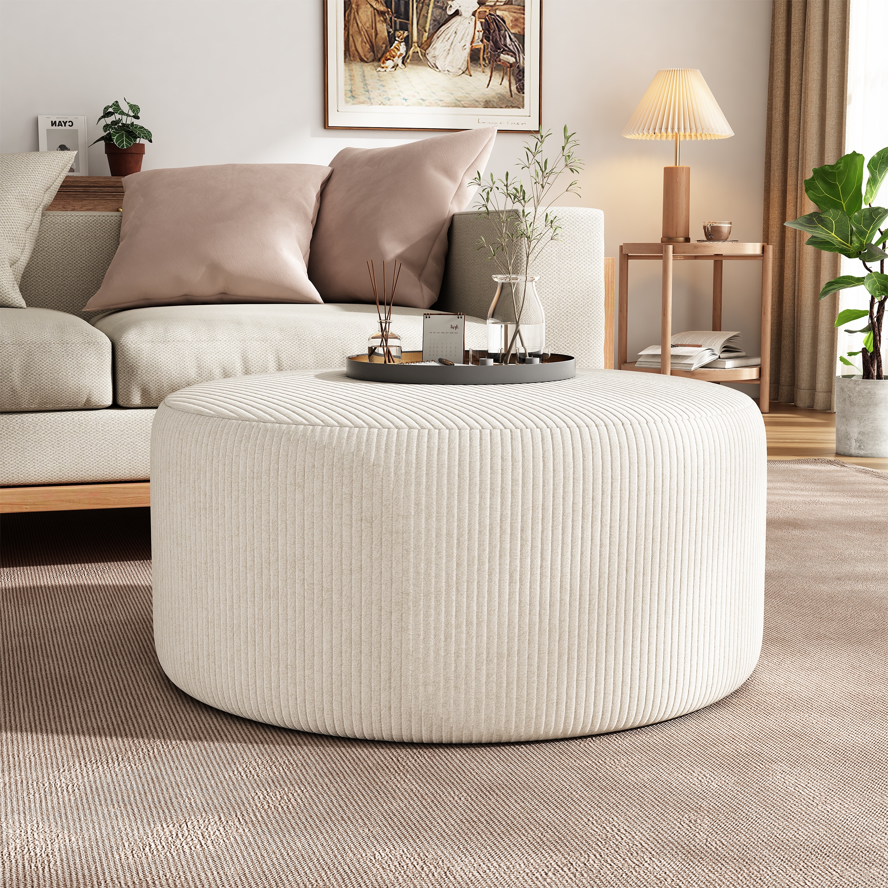 Upholstered Round Ottoman,Beige, Corduroy