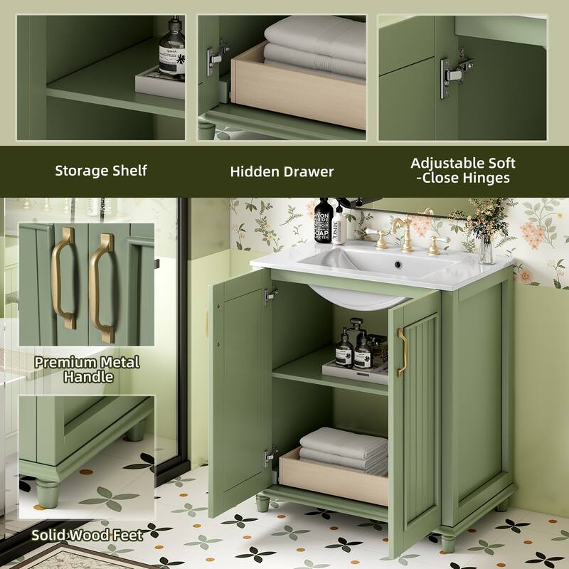 30-Inch Green Bathroom Vanity with Ceramic Sink, Roman Legs, Adjustable Soft-Close Hinges, and Ample Storage