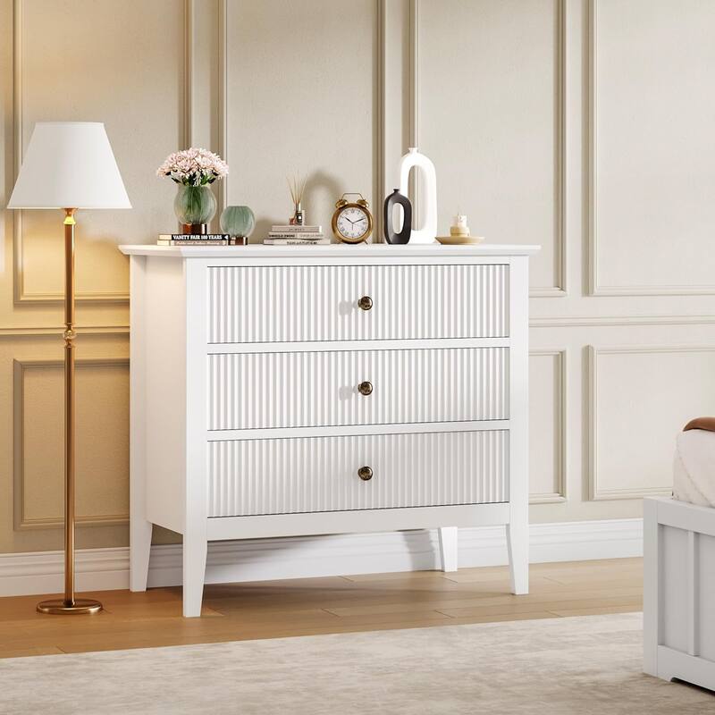 Modern 3-Drawer Dresser with Fluted Wood Front, 30" Wide Storage Cabinet for Bedroom, Living Room, or Entryway - White