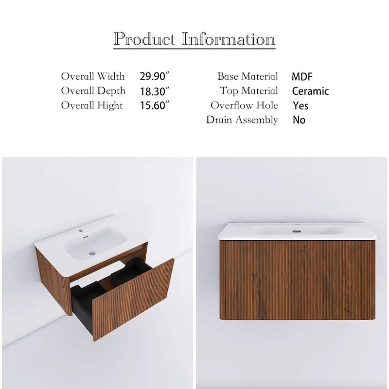 24 in./ 30 in. W Wall Mounted Bathroom Vanity with Integrated Ceramic Sink and Drawer
