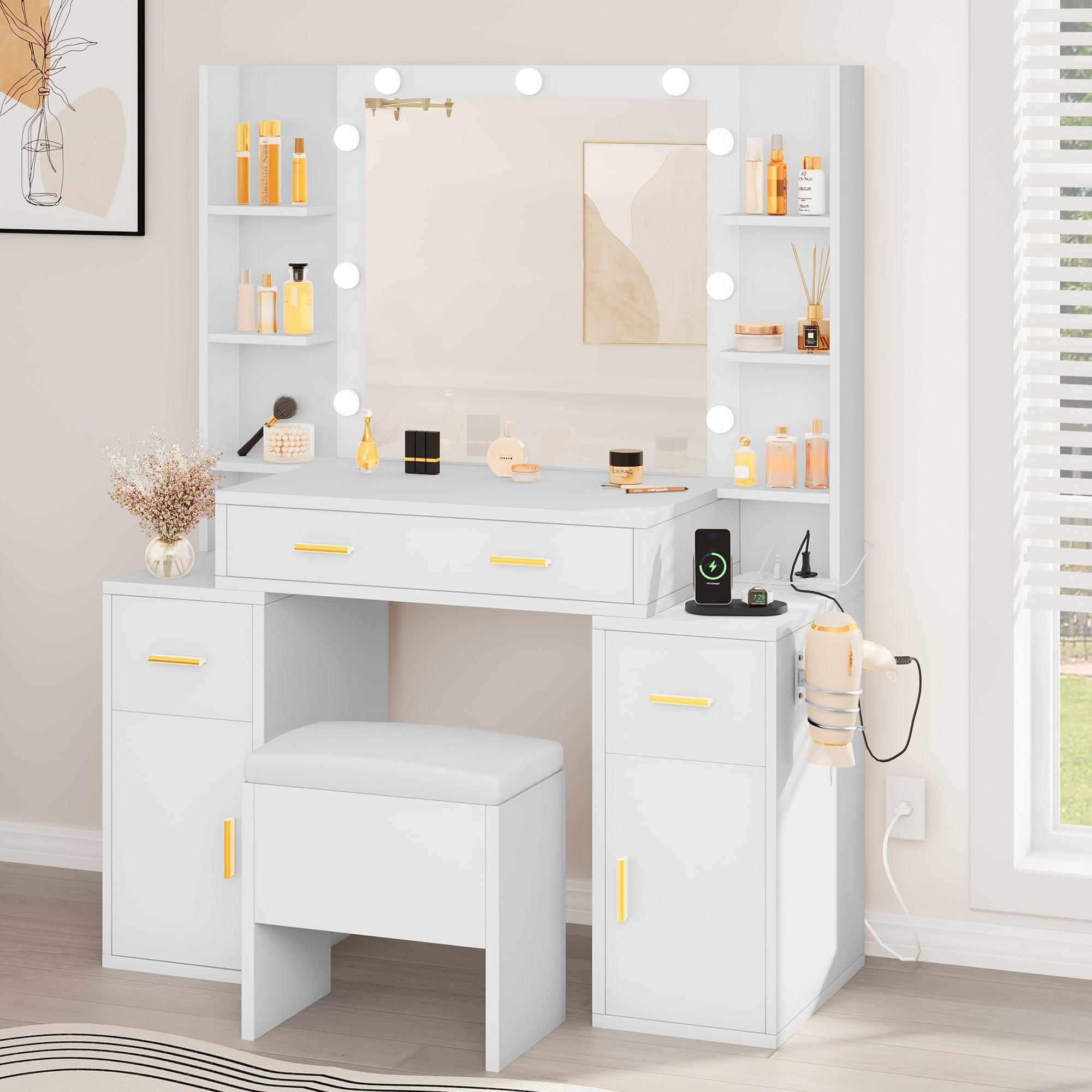 YaoYaoJia White Makeup Vanity Desk With LED Lights & Glass Top - 5 Drawers, Adjustable Hollywood Mirror, 35.4" Dressing Table For Bedroom