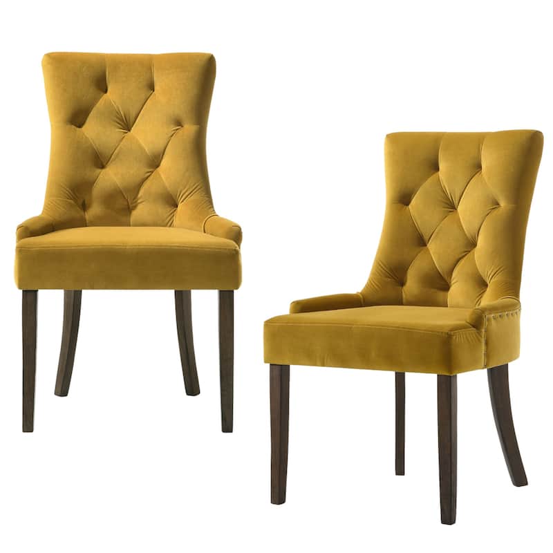 HomeRoots Set of Two Tufted Yellow and Espresso Upholstered Velvet And Solid Wood Dining Side Chairs